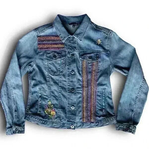 Boho Embellished Studded Hippie Blue Jean Denim Jacket Floral Aztec Embroidery S